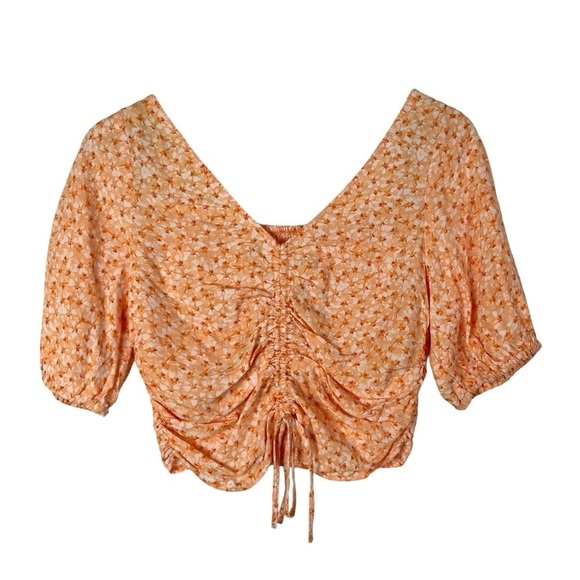 H&M Light Orange Ditsy Floral Drape Front Short Sleeve Blouse S - Picture 1 of 3